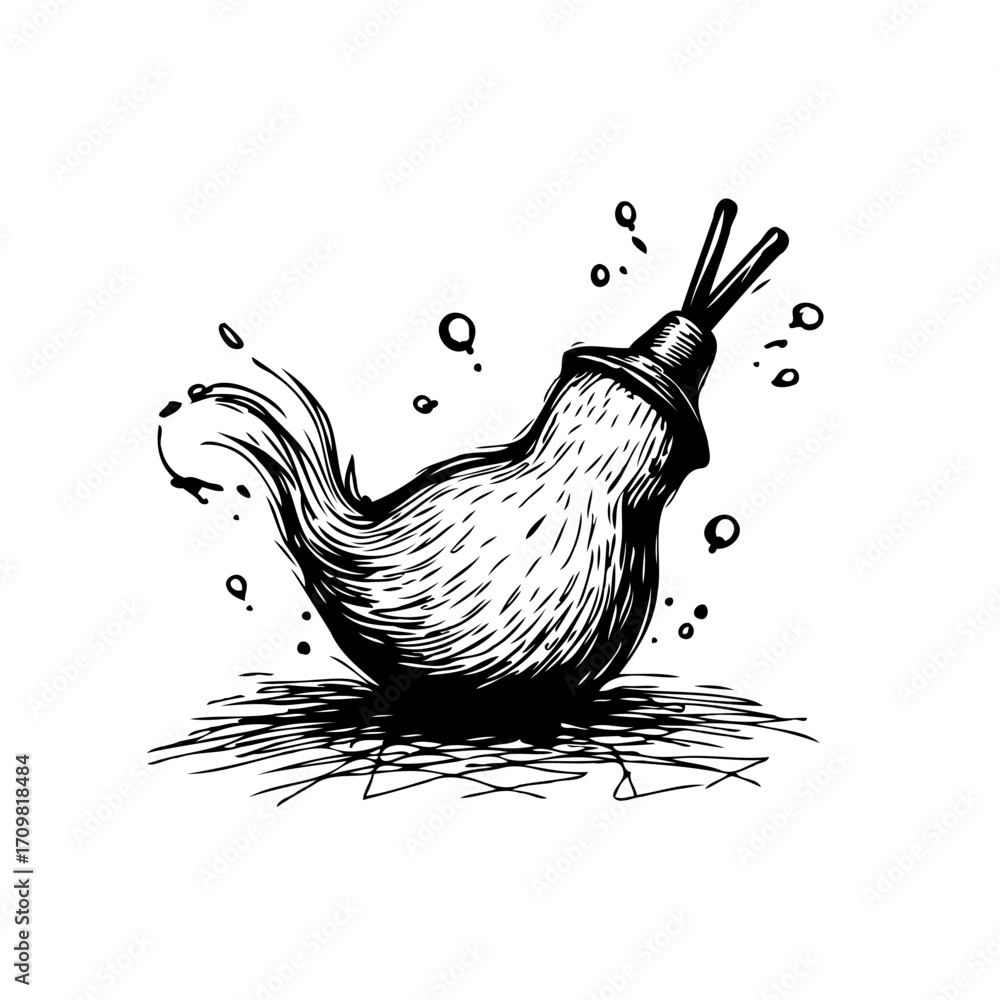 Poster stylized ink drawing depicting a bizarre object with broom-like bristles surrounded by bubbles and