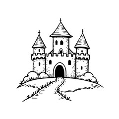 Obraz premium Stylized illustration of a grand castle perched atop a hill with winding pathway fairytale dream