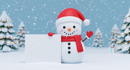 Fototapeta premium Cute 3D snowman in a red Santa hat and scarf holding a blank white sign in a snowy winter landscape with decorated Christmas trees and falling snow.