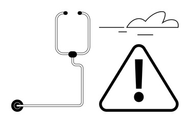 Exclamation mark in triangle represents caution or alert. Adjacent IV bag with tubing suggests healthcare or medical risks. Ideal for health caution, danger, alertness, patient care, risk awareness