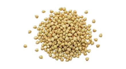 Isolated heap of dried buckwheat groats is lying on a plane surface awaiting further use