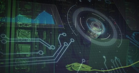 IT engineer powering laptop initiating bar chart HUD, circuit traces connecting to cable monitoring - Powered by Adobe