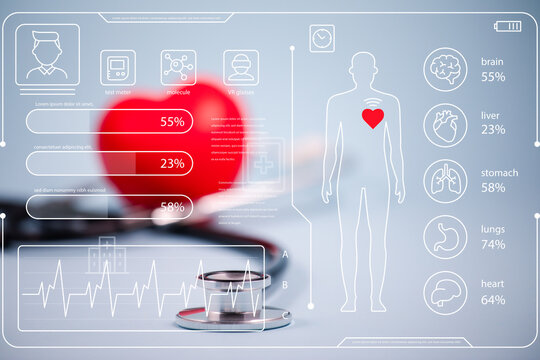 Digital Healthcare and Medical Data Analysis Concept with Human Body Scan, Heart Monitoring, and Smart Health Technology for Telemedicine and Modern Healthcare Innovation.