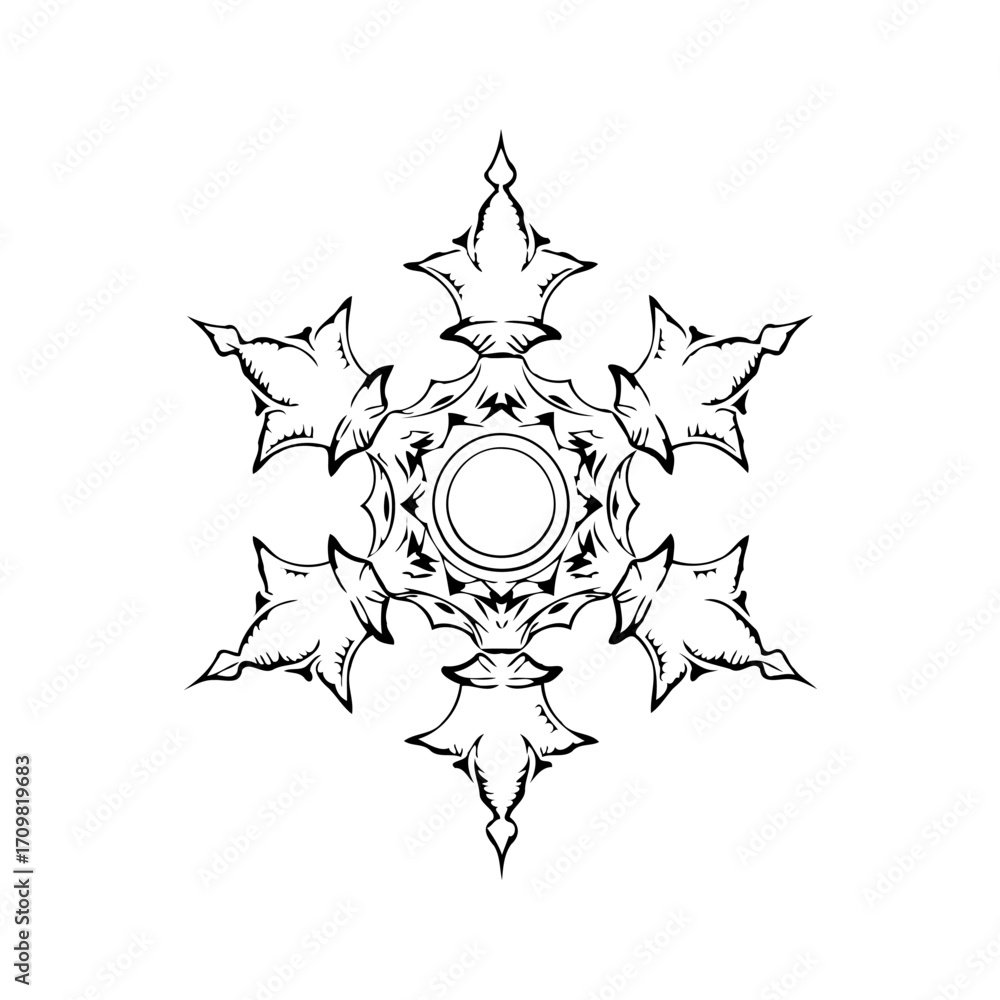 Poster Unique stylized snowflake design with intricate radial symmetry and precise line work perfect for