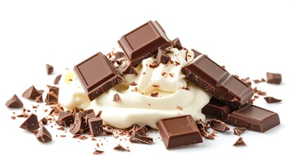 Delicious chocolate pieces and whipped cream on white background with food photography.