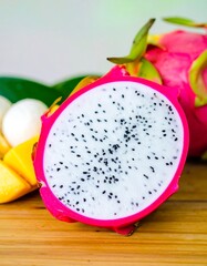 Dragon fruit slice on a wooden surface with mango and other fruits