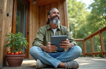Bearded man sits cross-legged on wooden porch of tiny house, holding digital tablet. Mature person contemplates, looking up thoughtfully. Plants surrounds small eco-friendly dwelling, suggesting