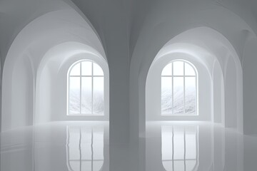 White, arched interior with large windows