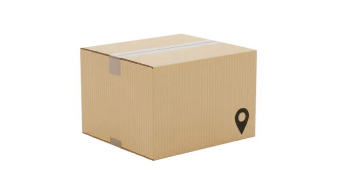 Isolated cardboard box in studio, close-up of new corrugated container with shipping label