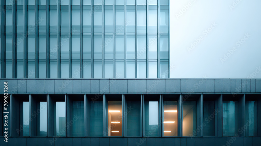 Poster modern architecture in urban landscape: an abstract view of a modern building with clean lines, refl