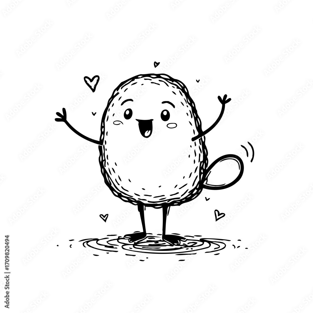 Poster whimsical cartoon character with open arms, expressing joy and surrounded by affection in a simple