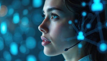 Pro woman with headset, focused on digital communication for global business. Analyzing data, providing customer support, engaging in international teamwork, outsourcing. Represents innovation,