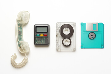Fototapeta premium Retro Technology Collection with Clear Phone, Pager, Tape, and Floppy Disk