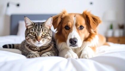 Friendly pets on a bed