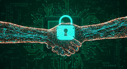 Digital hands shaking, a teal lock in the center, over a circuit board background, symbolizing secure digital connection.