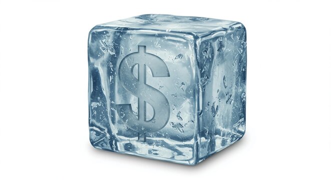 A dollar sign frozen inside a cube of ice, symbolizing frozen assets or financial difficulties.
