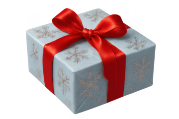 Christmas gift wrapped with red ribbon and decorated with snowflakes on transparent background