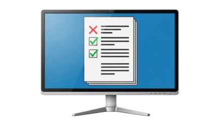 Isolated computer monitor showing checklist document on a screen with mark, cross and check marks