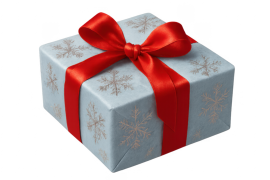 Christmas gift wrapped with red ribbon and decorated with snowflakes on transparent background
