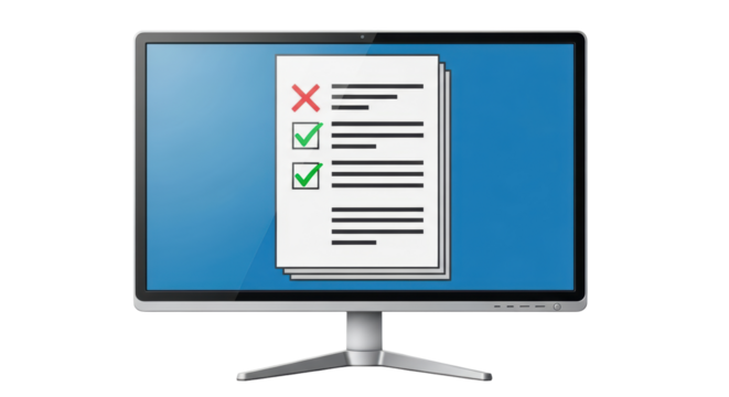 Isolated computer monitor showing checklist document on a screen with mark, cross and check marks
