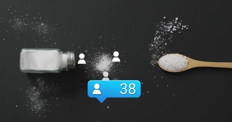 Glass salt shaker spilling salt triggers blue bubble popping and counting user icons showing growth - Powered by Adobe
