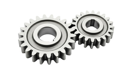 Isolated interlocking gears of different sizes symbolizing teamwork on white backdrop