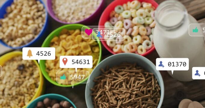 Icons starting to float above cereal bowls and milk bottle while showing rising engagement metrics