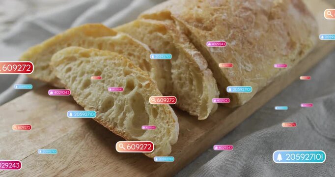 Numeric labels appearing over sliced bread on board drifting outward fading showing porous interior