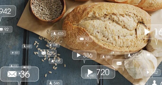 Play icon bubble popping above bread seeds leading social media bubbles forming panning down fading