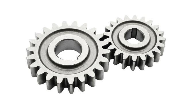 Isolated interlocking gears of different sizes symbolizing teamwork on white backdrop