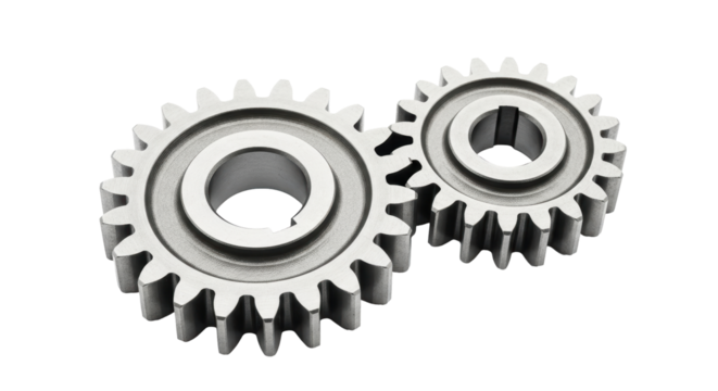 Isolated interlocking gears of different sizes symbolizing teamwork on white backdrop