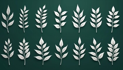 Fototapeta premium Collection of white decorative leaf illustrations arranged in a grid on a dark green background. Features minimalist botanical designs with clear outlines and a modern, abstract aesthetic.