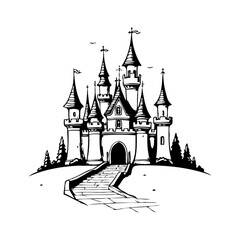 Whimsical fairytale castle illustration with spires and winding pathway creating a magical fantasy © LgsDesign