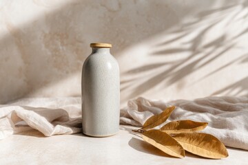 Light gray ceramic bottle, beige linen, and autumn leaves on a light beige surface, sun-drenched