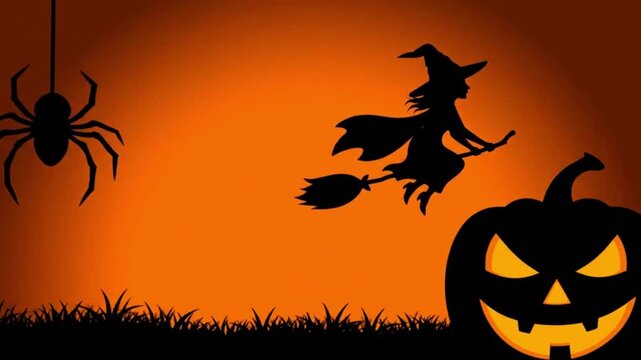 Halloween scene featuring a spider witch on a broom and a jackolantern against an orange background