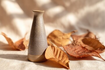 Small gray vase, autumn leaves