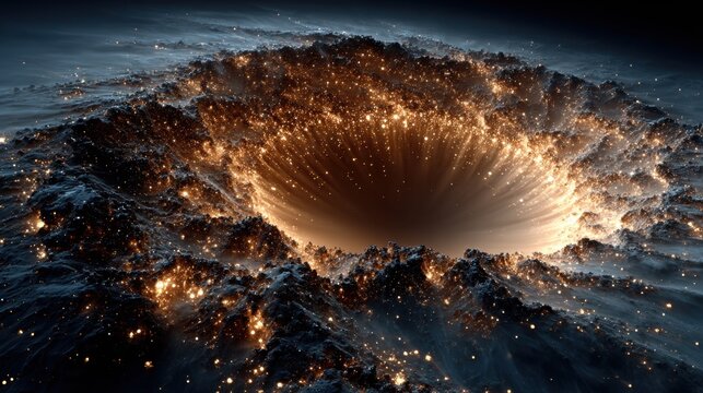 A spiral galaxy with stars and dark gas clouds, the center of which is illuminated by an explosion of light, in the style of a super-realistic photographic style, with a cinematic feel