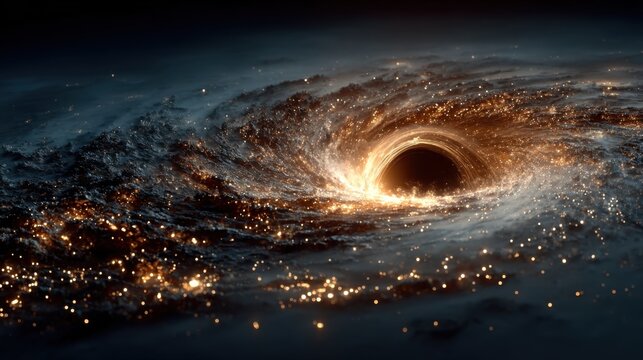 Abstract black hole background with swirling golden dust and glowing light particles, high dynamic range for a detailed cosmic scene