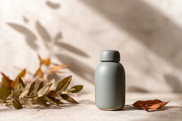 Gray bottle on light surface with fall foliage