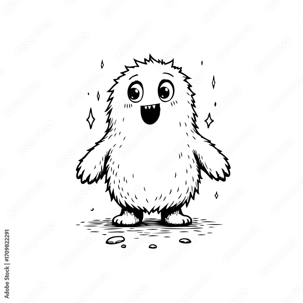 Poster whimsical fuzzy creature illustration radiates delight with sparkles creating a lighthearted