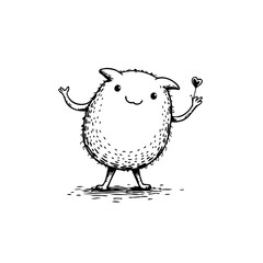 Whimsical fuzzy creature holding tiny heart illustration in black and white offering affection