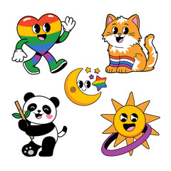 Rainbow pride sticker set, cute heart characters, happy sun and moon, playful cat panda, equality support, colorful vector