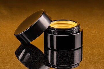 Open black jar of yellow cream