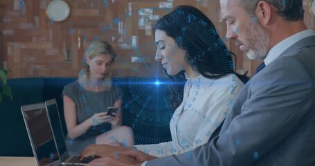 Rotating interface initiating business colleagues typing data with holographic numbers drifting - Powered by Adobe