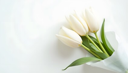 Obraz premium A simple and elegant bouquet of three fresh white tulips wrapped in clean paper, perfect for a modern minimalist design.