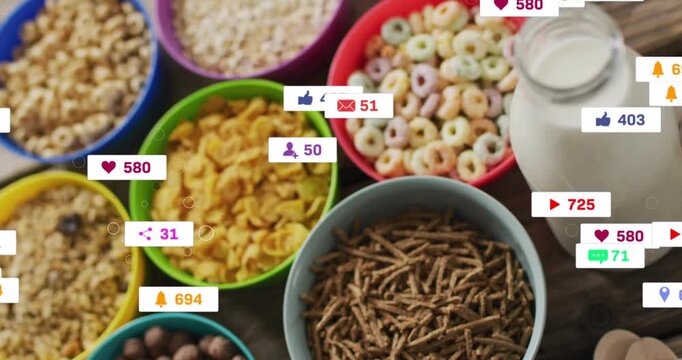 Shot showing six cereal bowls with milk, fading views, swirling notifications representing growth