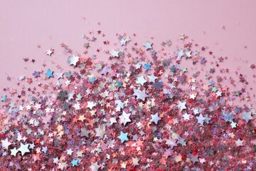Pastel pink background with a scattered layer of iridescent star-shaped glitter