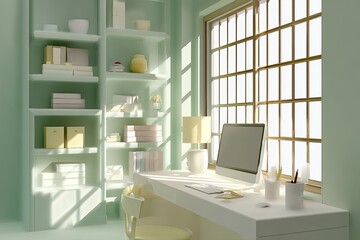 Pastel mint green home office with natural light