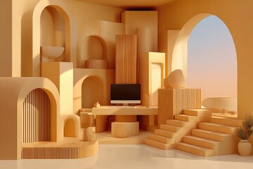 Beige, arched, abstract workspace