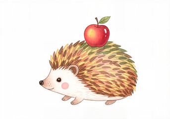 Cute watercolor hedgehog carrying a red apple. Adorable woodland animal character illustration isolated on a white background.
